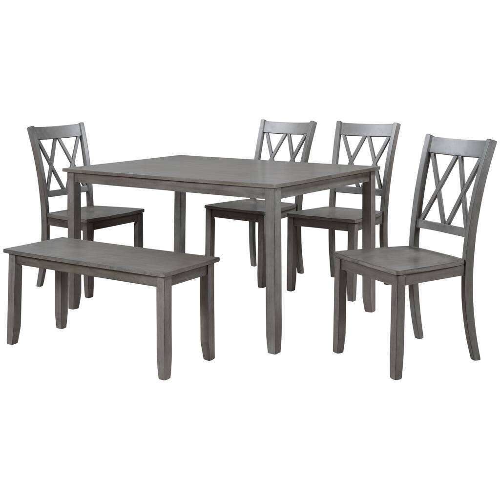 6-Piece Wooden Kitchen Table set with Cross Back 4 Chairs & Bench