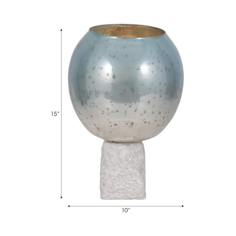 Sagebrook Home Glass Aqua/White Round Bowl Pillar Holder w/Marble Base