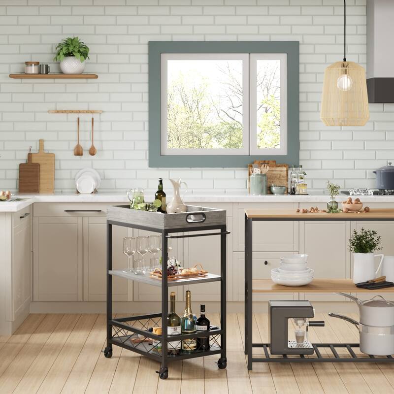 Farmhouse 3 Tier Bar Cart with Wheels and Portable Tray - 23.6"W x 15.7"D x 35.64"H