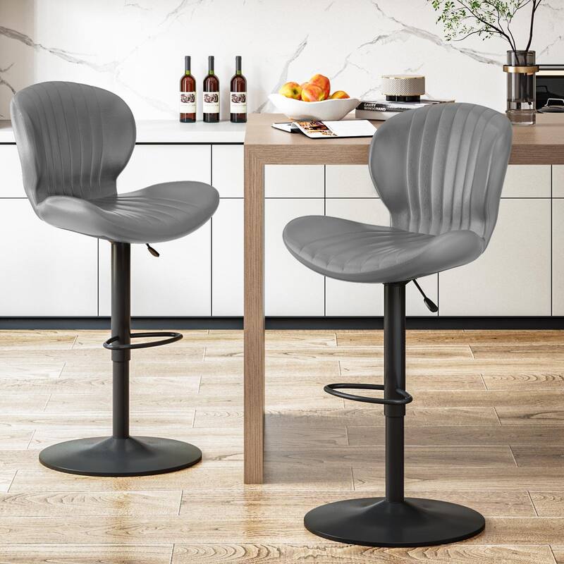 BOSSIN Set of 2 Modern Adjustable Bar Stools, Faux Leather Upholstered Swivel Counter Stools - 16.5"D x 19.6"W x 46.9"H