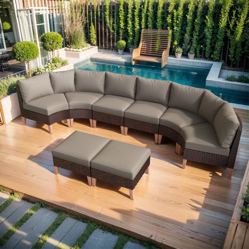 Gymojoy Outdoor Curved Sofa Set with Ottoman - Brown - Grey
