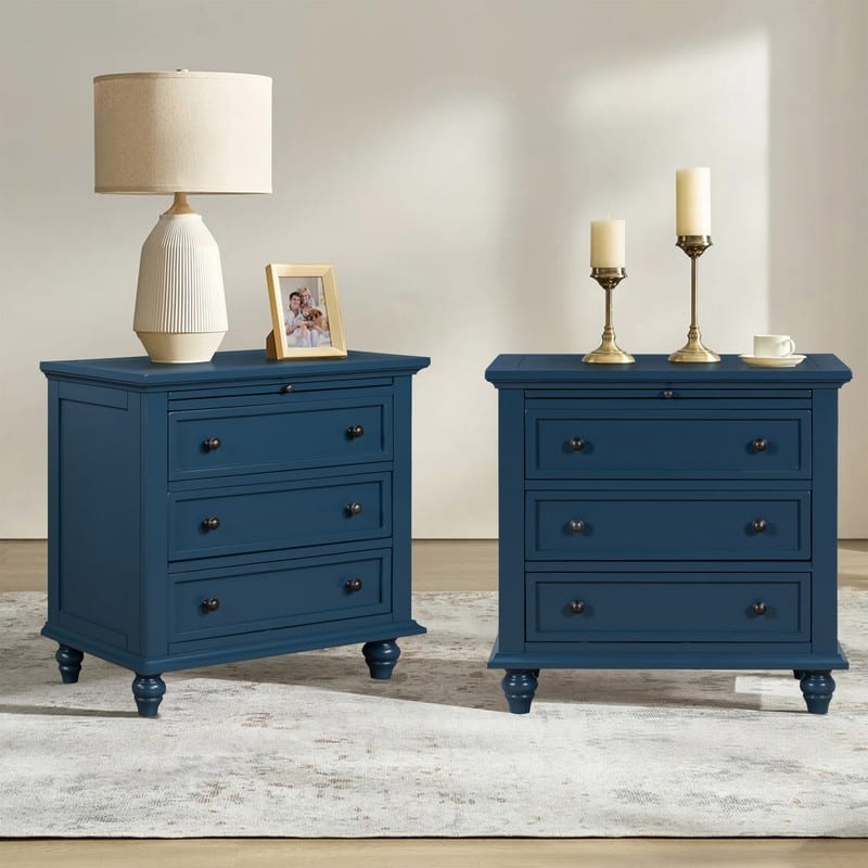 Modern 3-Drawer Nightstand (Set of 2) with Pull Out Tray for Organized Living Spaces - Blue