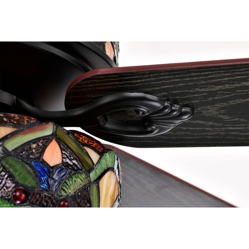 Parponk 52-Inch Flushmount Two-Tiered Lighted Ceiling Fan Green Hatch Tiffany Glass Lamp Black Finish