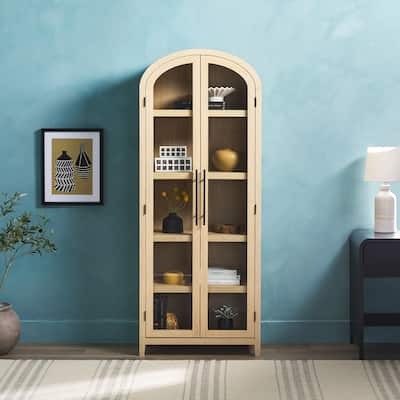 Modern 5 Shelf Arched Tall Bookcase with Glass Doors - Oak