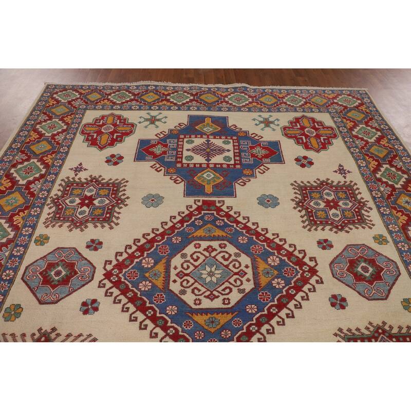 Ivory Geometric Kazak Area Rug Hand-Knotted Wool Carpet - 8'0" x 10'6"