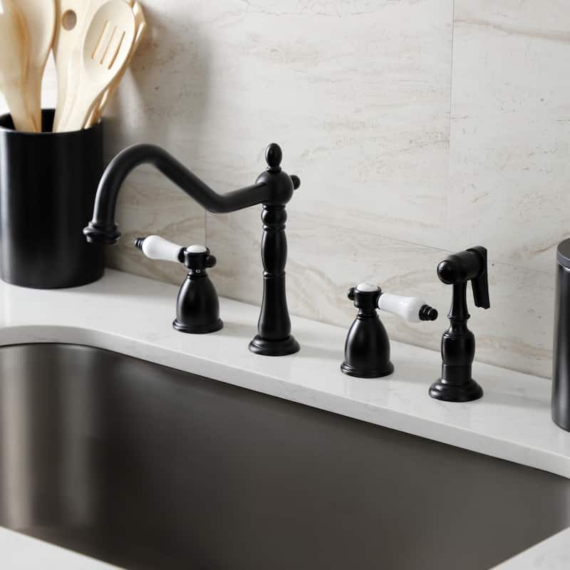 Kingston Brass Heritage Porcelain Kitchen Faucet with Side Spayer - 16'' (L) x 9-1/16'' (W) x 9-3/8'' (H)