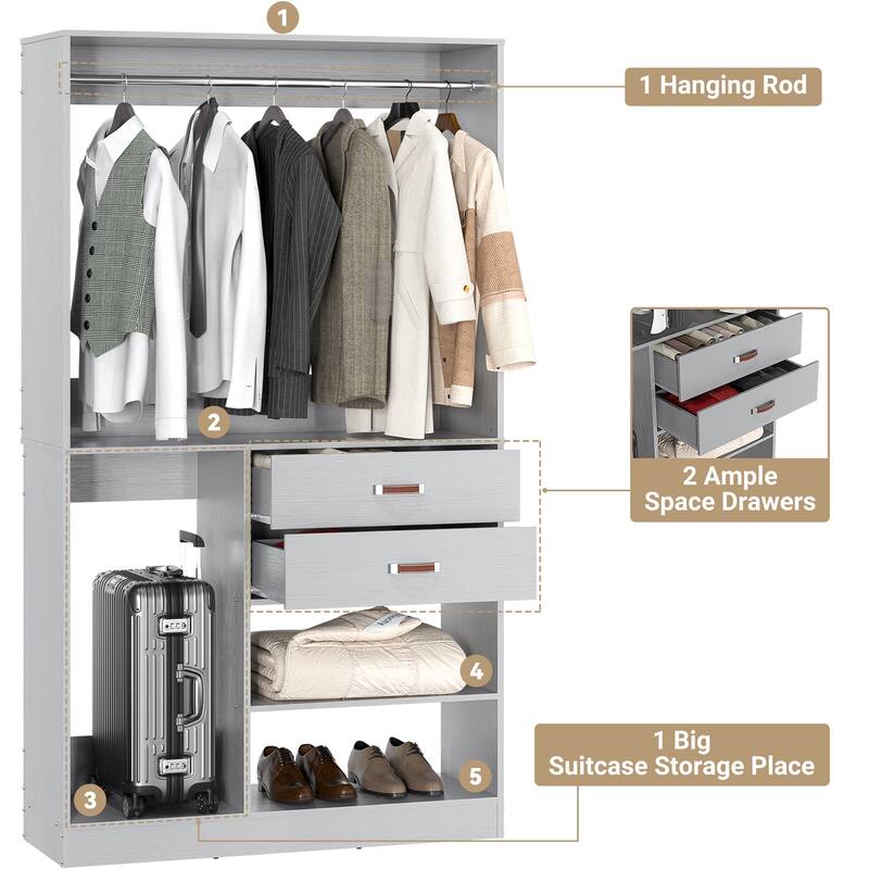 Rackcog Freestanding Closet Organizer with Hanging Rod, Closet System Wardrobe with Wood Drawers