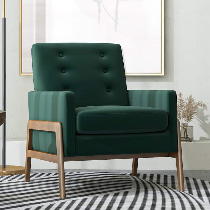 Sage Mid Century Modern Forest Green Velvet Lounge Chair w/ Walnut Brown Legs - 33