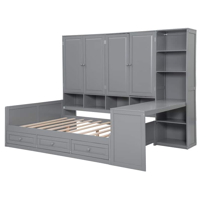 Full Size Daybed with Built-In Desk and Storage,4 Shelves, 2 Cabinets and 3 Drawers