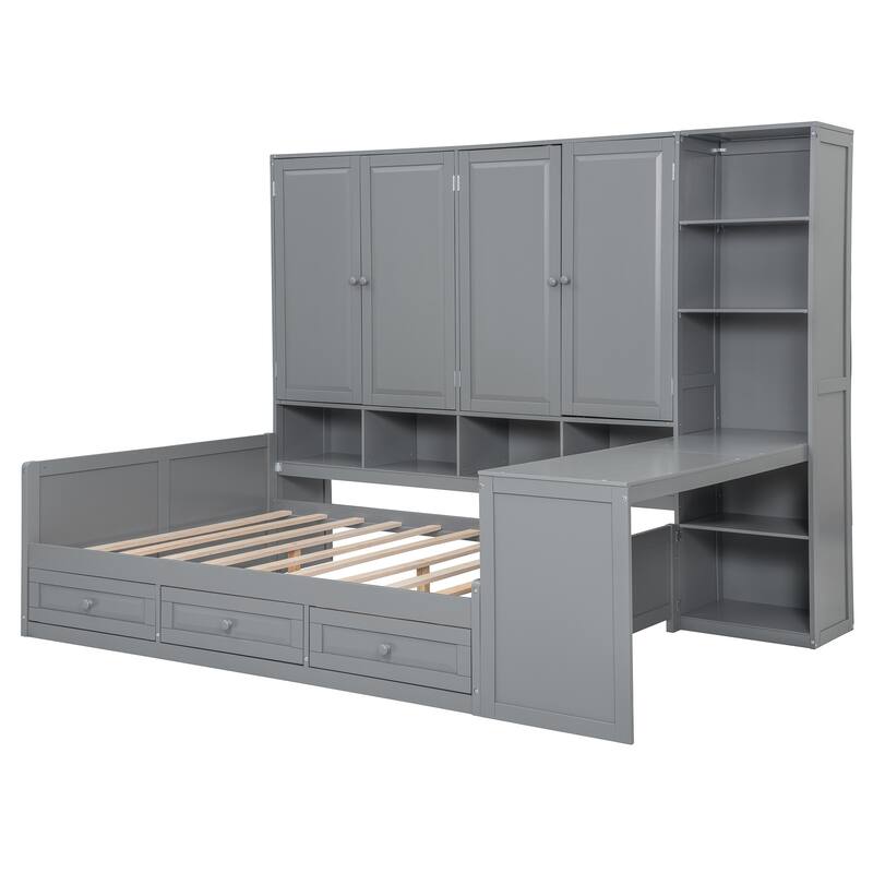 Wooden Daybed Frame All-in-One Bookcase Captains Bed with Storage Cabinet, Wardrobe, Side Writing Desk and 3 Bottom Drawers