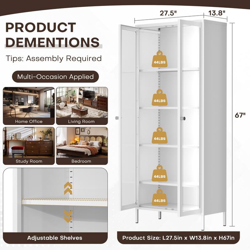 4/5-Tier Glass Curio Display Cabinet with Doors & Adjustable Storage Shelves