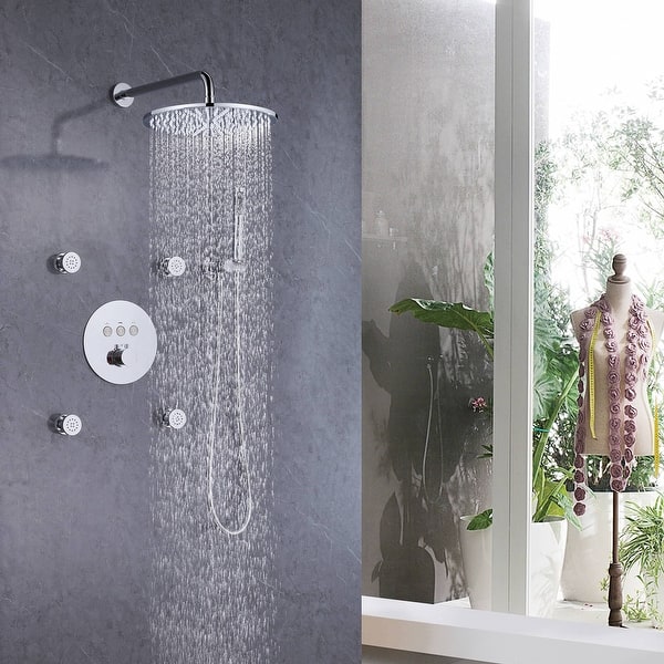 dimension image slide 3 of 4, Thermostatic Shower System With Rough-in Valve Wall Mount Shower Faucet With Body Jet And Hand Shower 12 Inch Shower Head Set