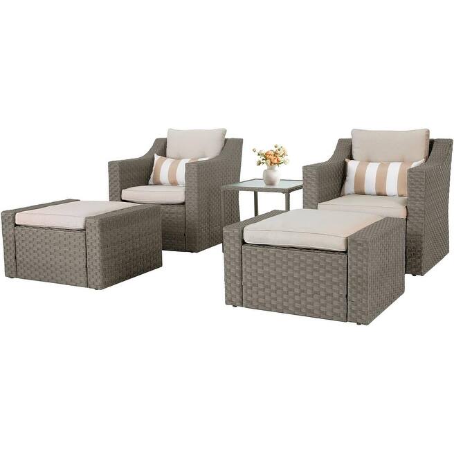 5-piece Outdoor Patio Wicker Lounge Chair and Ottoman Conversation Set - Grey