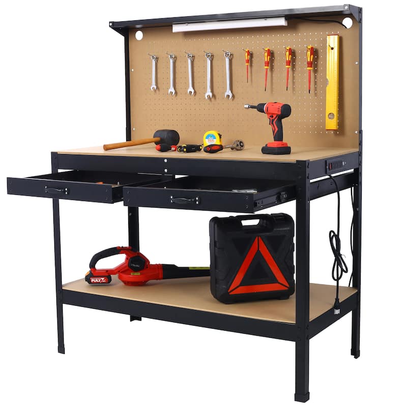 Steel Workbench Work Bench Workshop Tools Table w/Drawer & Peg Board,4 AC outlets & 2 USB Ports - 47.5"W - Black