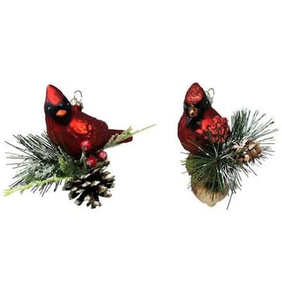 Red Cardinal Perched on Branches Christmas Holiday Ornaments Set of 2 Glass - Multi