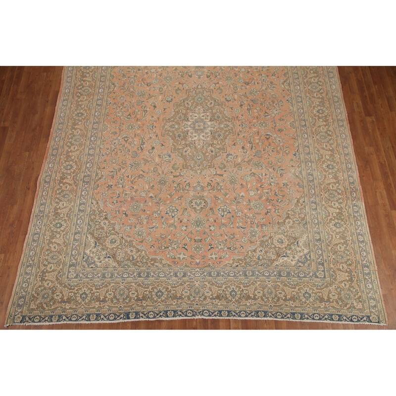 Hand Knotted Oriental 100% Wool Carpet Traditional Floral Coral Mashad Area Rug - 12' 6'' X 9' 7''