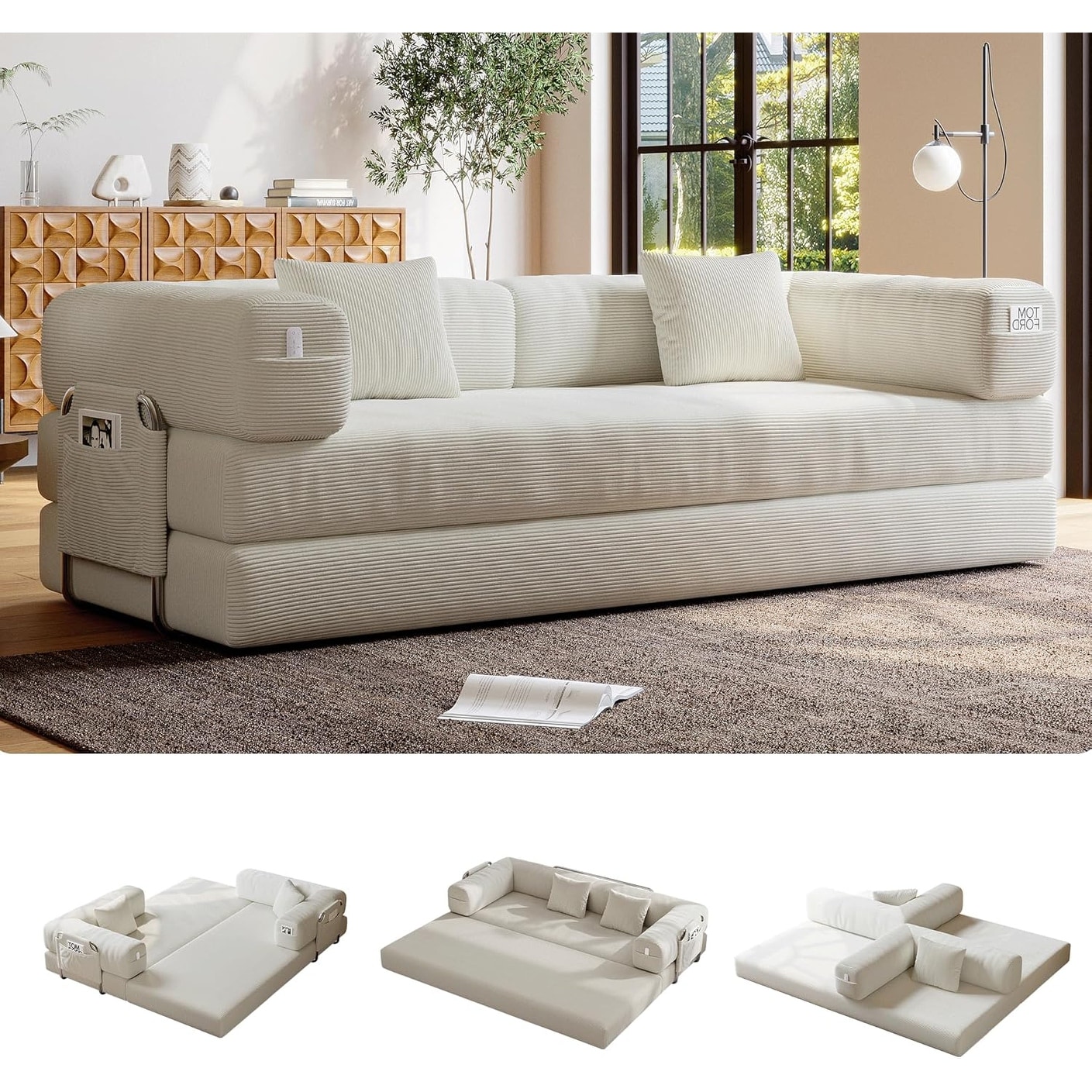 5-in-1 Folding Convertible Sofa Bed, Pull-Out Loveseat Sleeper, Modular Floor Couch, Oversized Corduroy Futon, White