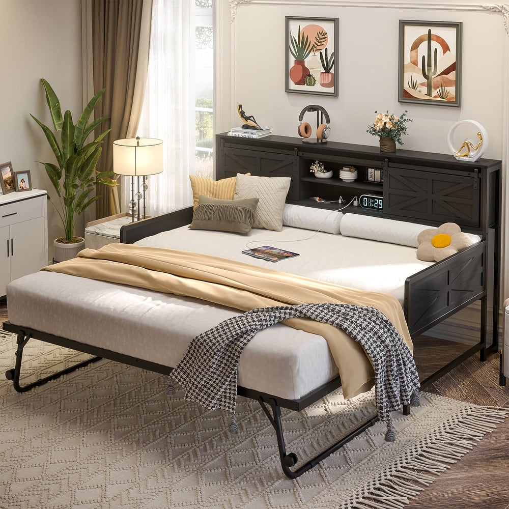 Farmhouse Twin Daybed with Pop-up Trundle Bed and Charging Station，Sofa Bed Frame with Bookcase Headboard with 2 Sliding Doors