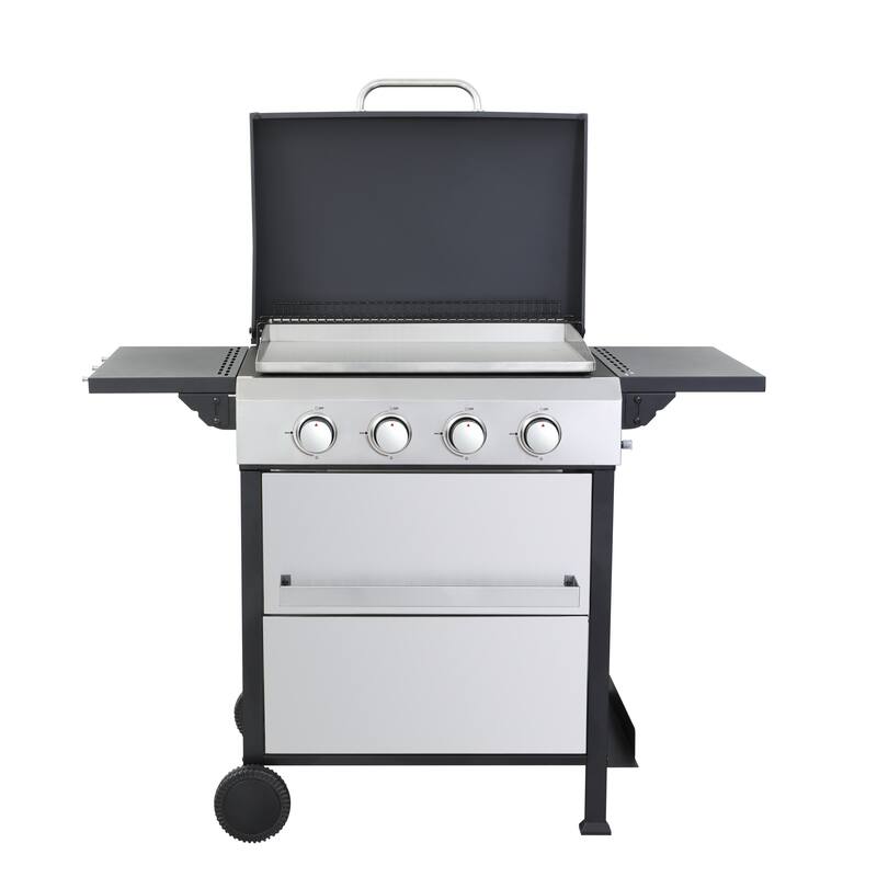 4-Burner Propane Gas BBQ Grill, 49200 BTU Output with Wire Enamel Cooking Grids Foldable Side Table for Outdoor Barbecue - Silver/Black