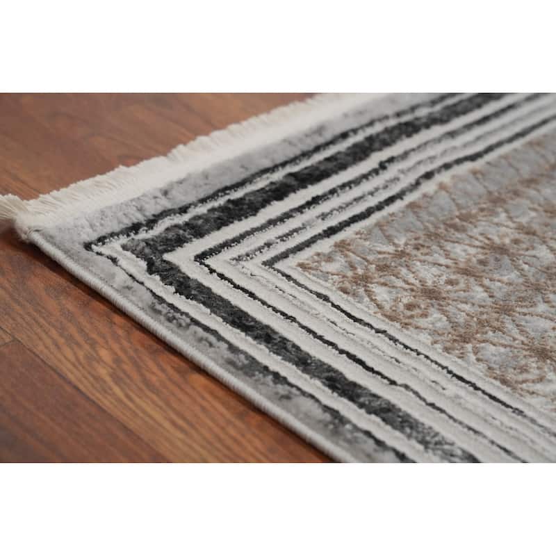 Machine Made Oriental Polyester Carpet Medallion Greys & Charcoal Distressed Area Rug - 7' 9'' X 5' 2''