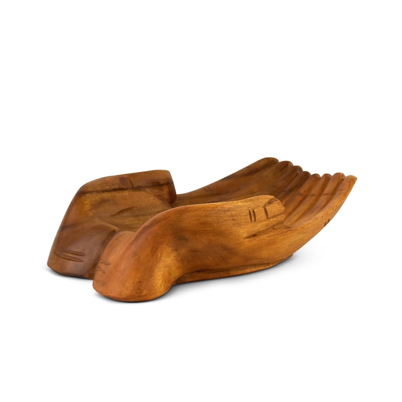12" Wooden Hand Carved Decorative Two Hands Fruit Salad Serving Bowl Centerpiece Handmade Home Decor Artwork Handcrafted Storage