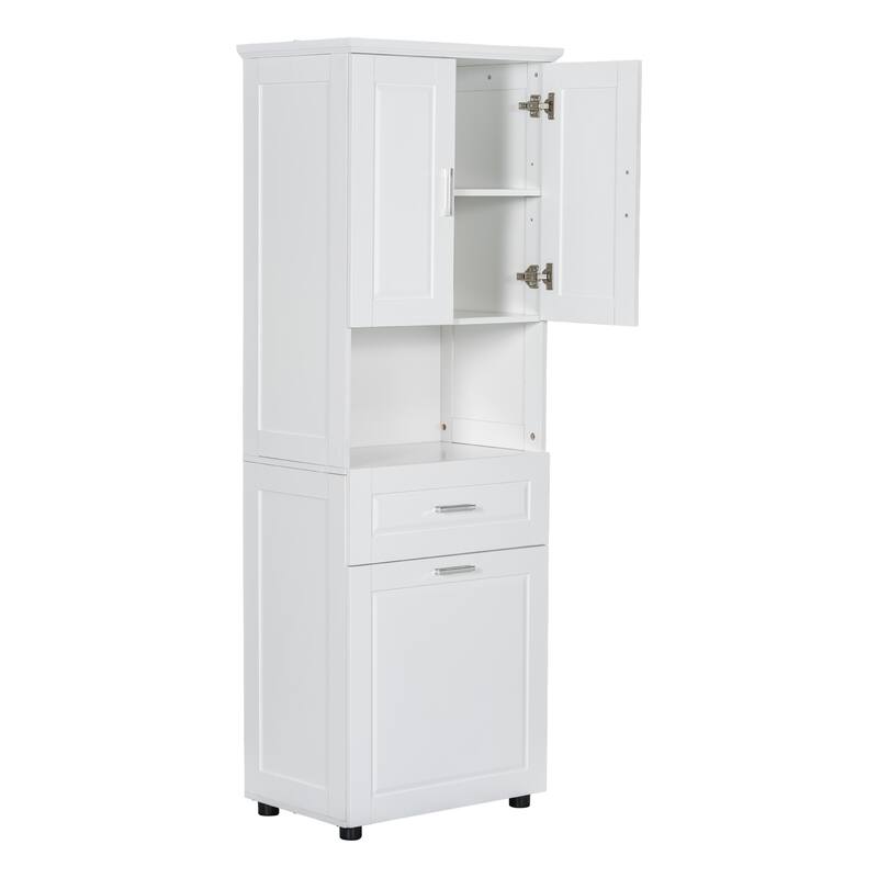 Tall Bathroom Linen Tower with Cabinet, Drawer and Hamper
