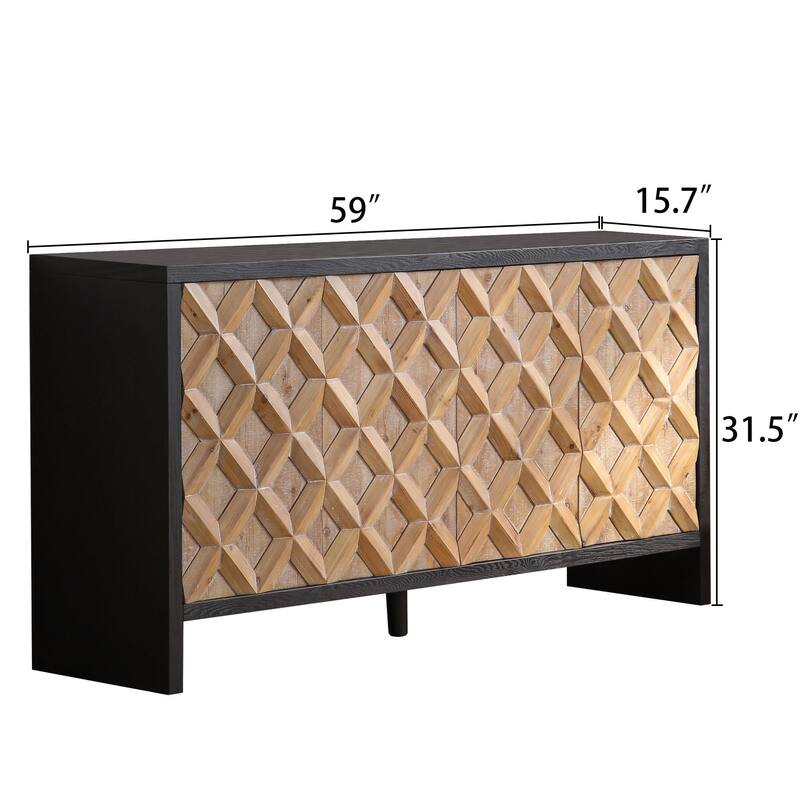 Rustic 4-Door Wood Storage Cabinet Buffets with Geometric Pattern,Adjustable Shelves Natural Wood Sideboard Cabinet