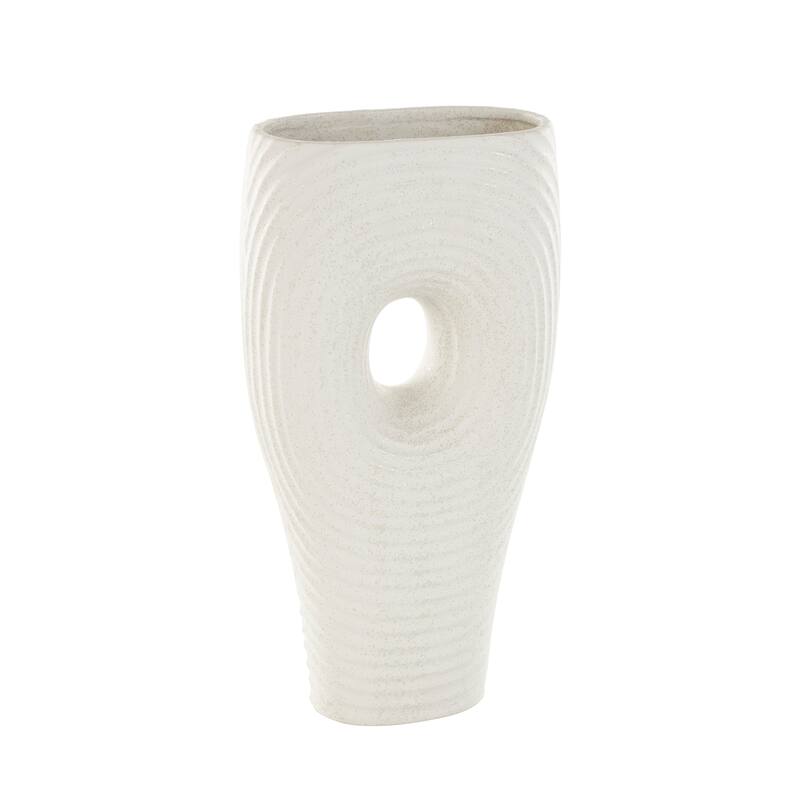 White Ceramic Ribbed Cutout Abstract Decorative Vase with Speckled Texturing