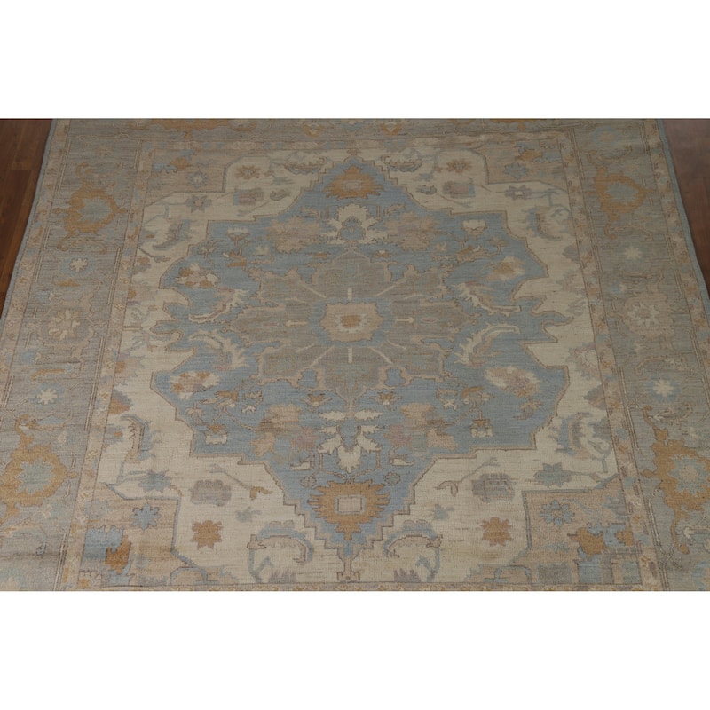 Hand Knotted Oriental 100% Wool Carpet Transitional Floral Navy Blue & Blues Oushak Area Rug - 9' 8'' X 8' 7''
