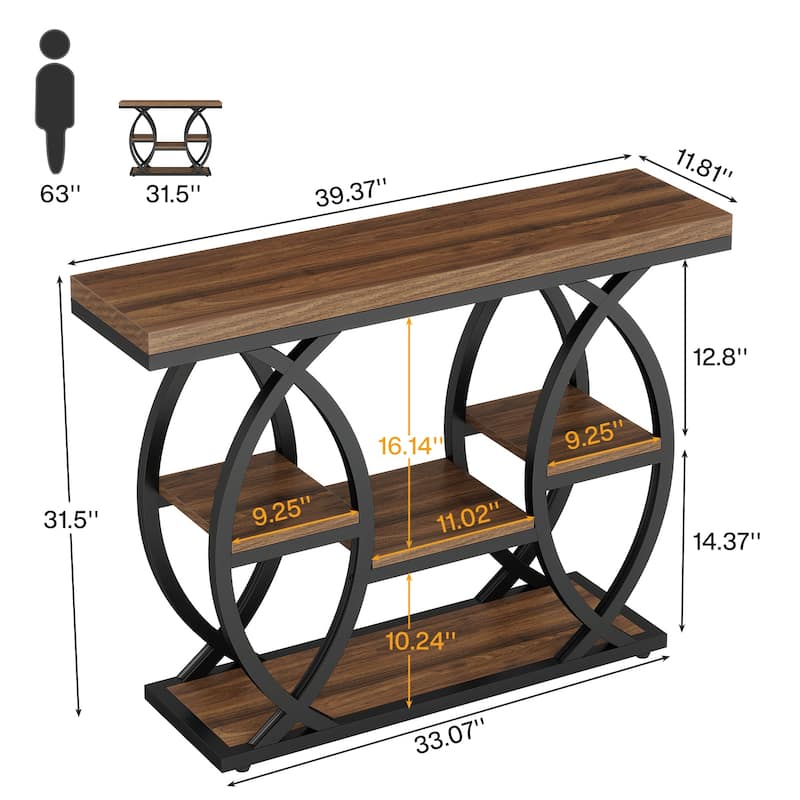 Industrial Console Table, 4-Tier Sofa Table with Geometric Metal Frame