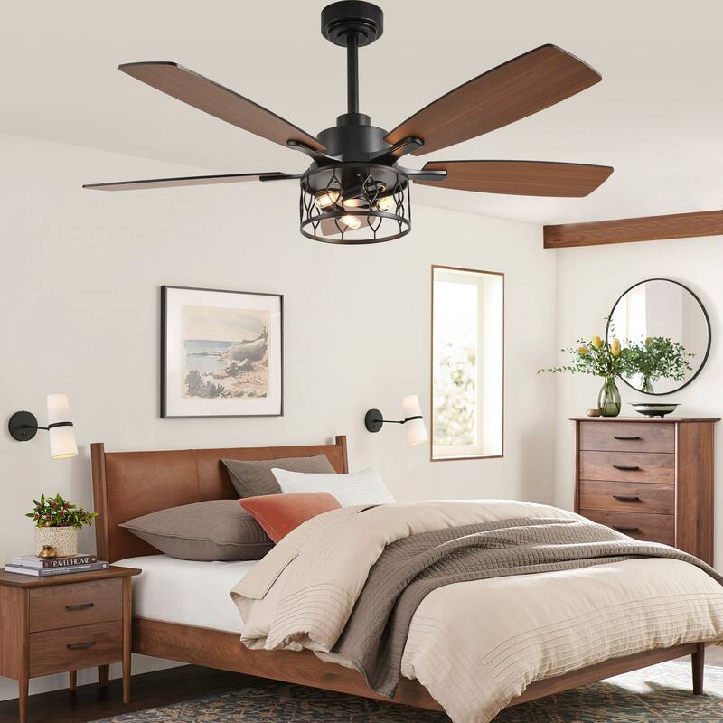 Bella Depot 52" Modern Gold Ceiling Fan with Light and Remote 6-Speed Large Caged Ceiling Fan