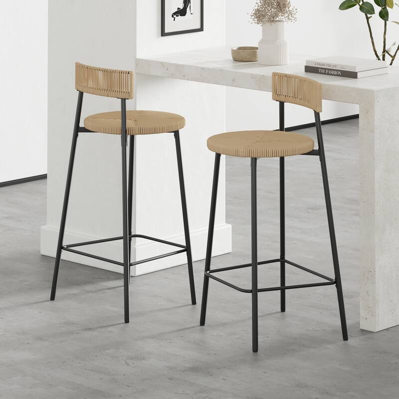 GDFStudio - Rosdale Modern Farmhouse Handwoven Paper Rope Counter Height Bar Stool with Metal Frame and Backrest, Set of 2 - Honey