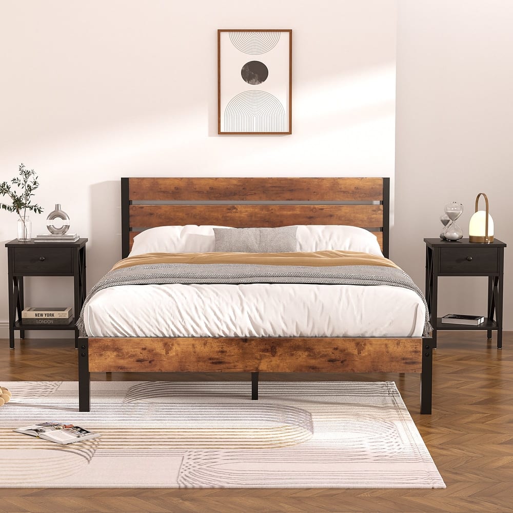 3-Pieces Bed Frame with Wood Headboard and Modern Nightstands Set of 2