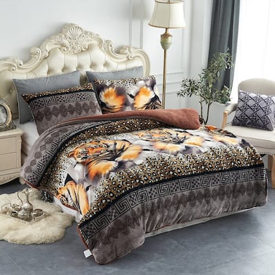 3-Piece Floral Printed Sherpa-Backing Reversible Comforter Set