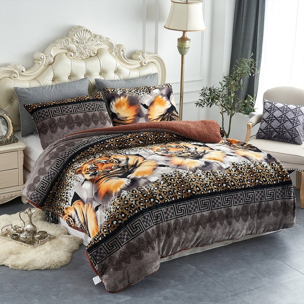 3-Piece Floral Printed Sherpa-Backing Reversible Comforter Set