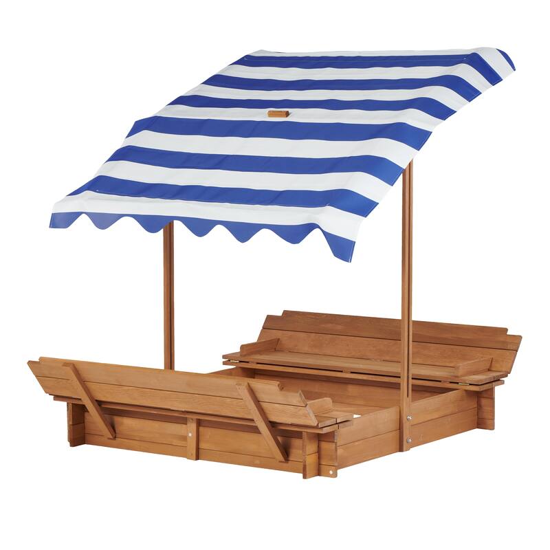 Kids Sandbox with Adjustable Cover, 46" Wooden Sand Box with 2 Foldable Bench Seats, Outdoor Sandpit for Backyard Play