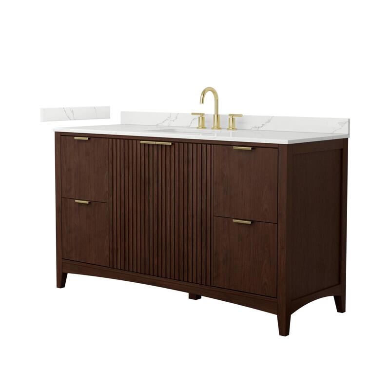 Wyndham Collection WCF9191-60S-QTZ-US3MXX Palmilla 60" Free Standing - Dark Walnut / Giotto Quartz Top / Brushed Gold