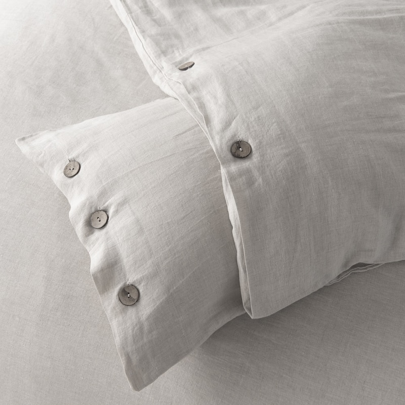 WHOLINENS Stone Washed French Linen Duvet Set 3Pcs Coconut Shell Button Closure
