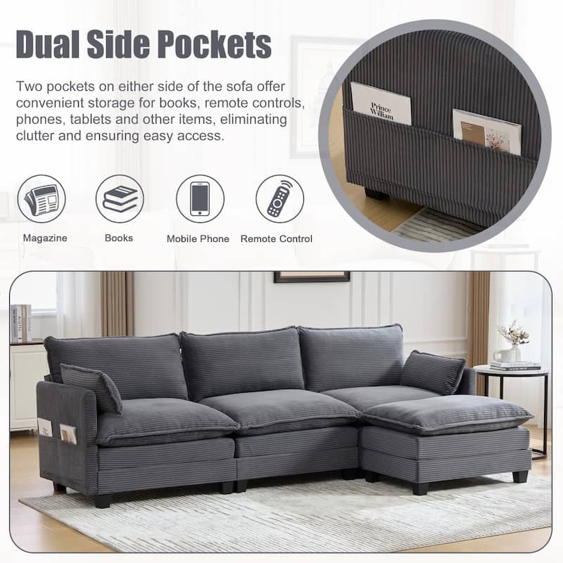 102.95" L-Shaped Corduroy Sectional Sofa with Movable Ottoman