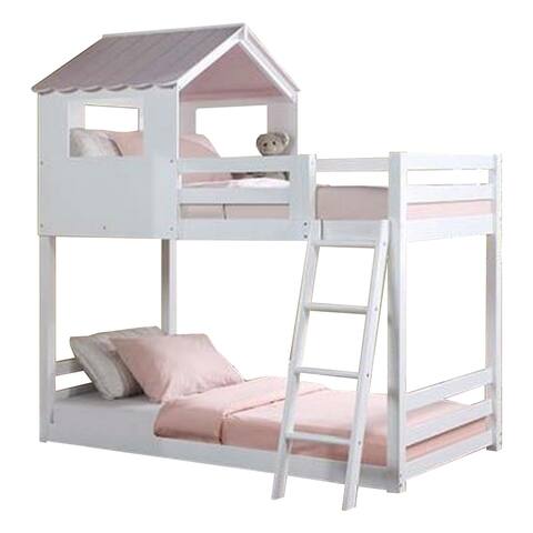 Twin Over Twin Bunk Bed with Fixed Ladder and Pitched Top Roof, White