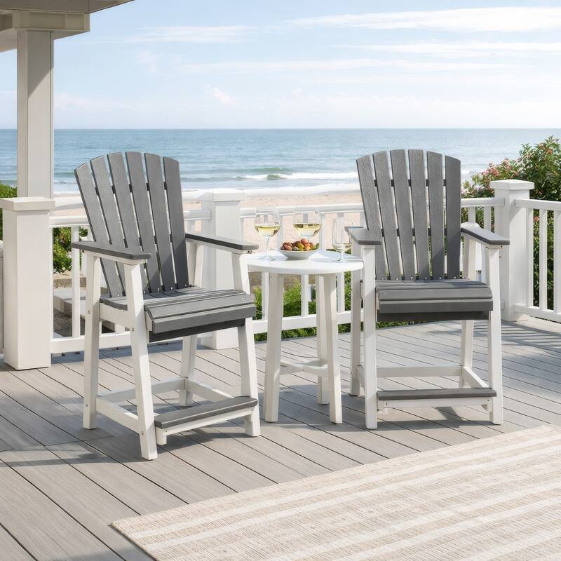 24 Inch Counter Stool Armchair Set of 2, Outdoor Slatted, Gray, White