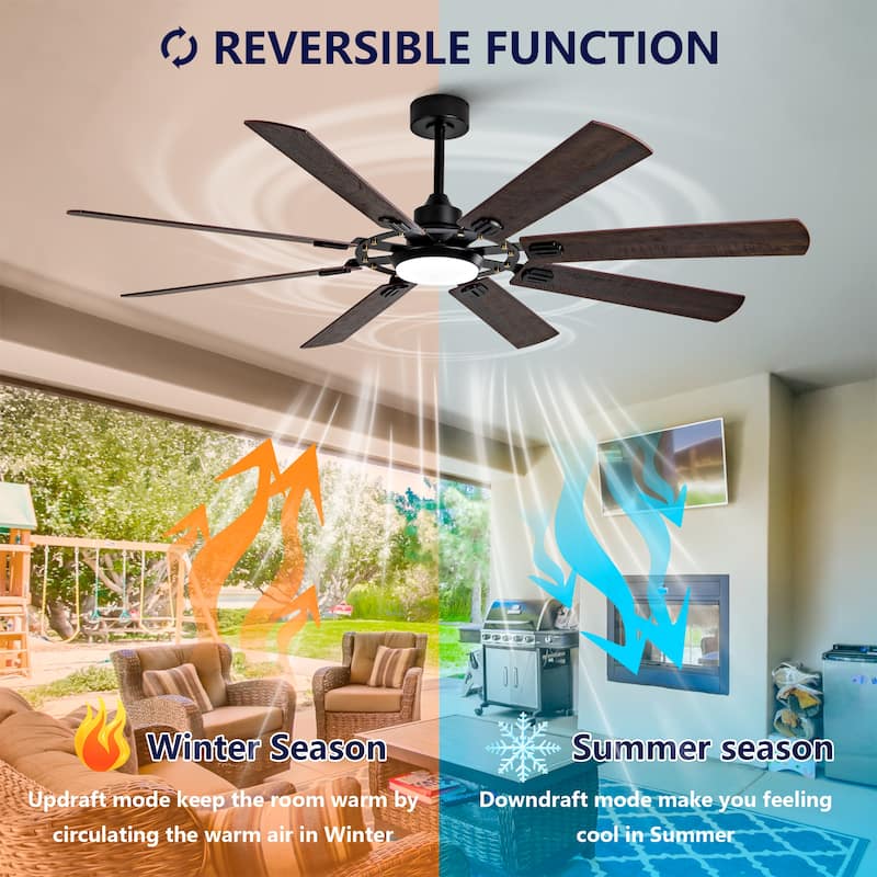 Large Ceiling Fan with Light: Modern 72-inch 8-Blade Outdoor Ceiling Fan with Remote Control - Black + Dark Walnut