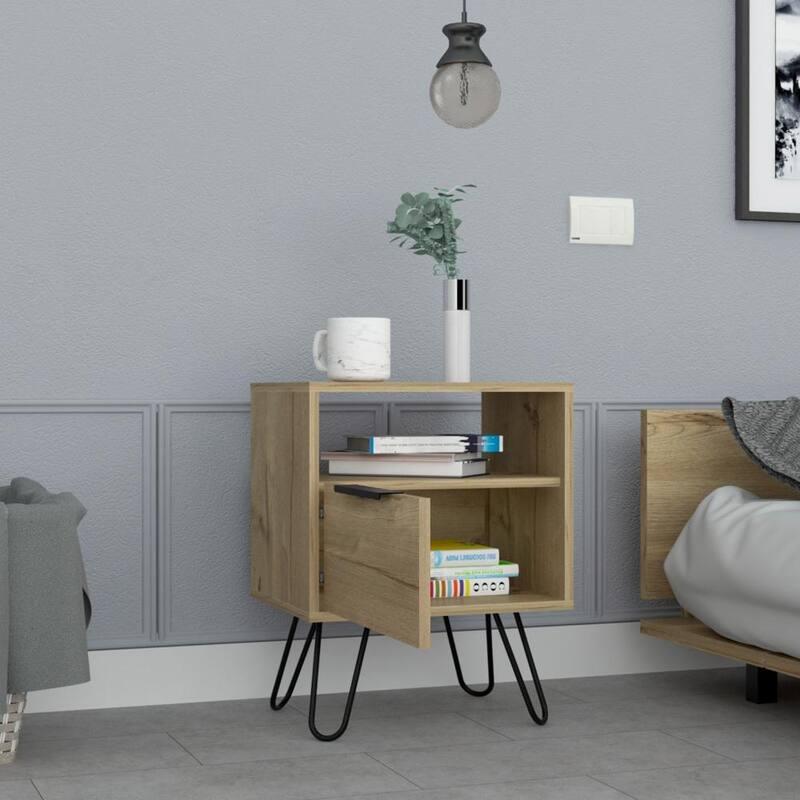 Light Oak Nightstand with Open Shelf, Single Door, and Hairpin Legs