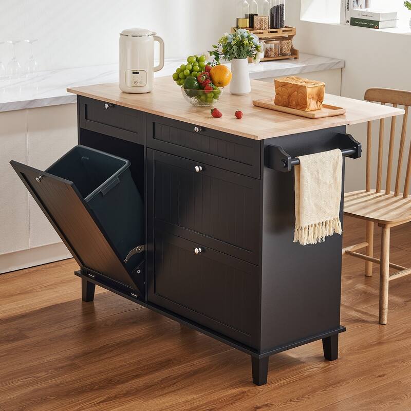Black Kitchen Island Cart Serving Cabinet with 4 Storage Drawer 4 Multi-Functional Hooks - 50x29x37 inch