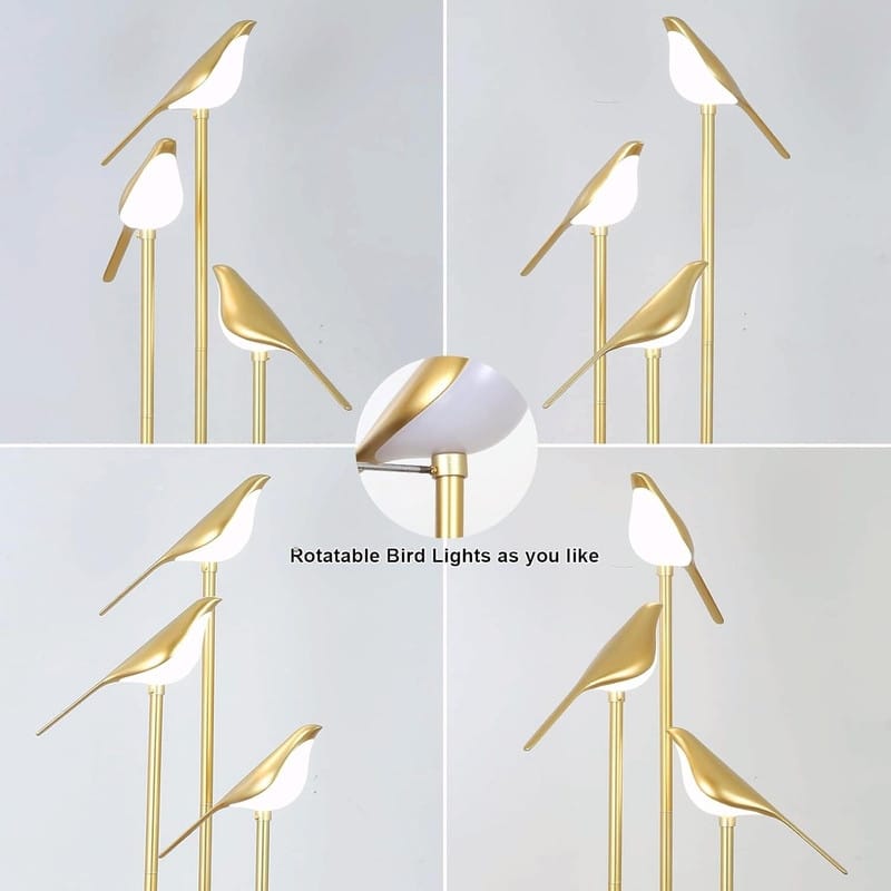 Gold Modern Floor Lamp with Shelves - Mid-Century Standing Lamp with 3 Adjustable LED Bird Lights