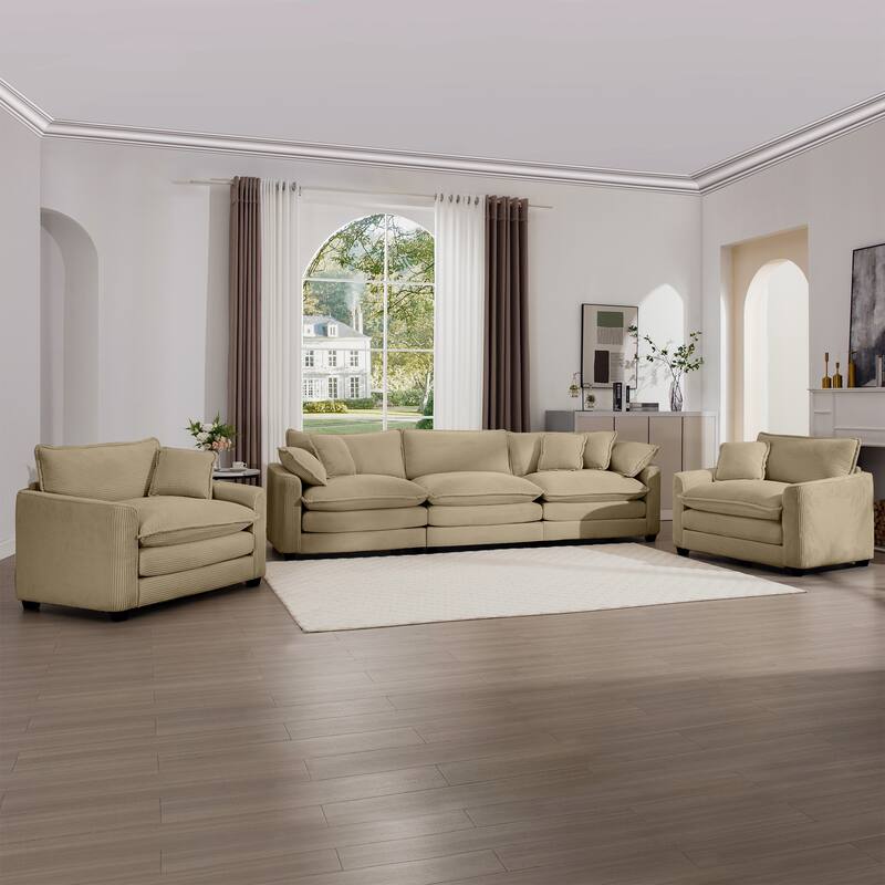 3-Piece Corduroy Flexible Combinations Sofa Set with 3-Seater Cushions Sofas and 2 Single Sofa Chairs for Livingroom