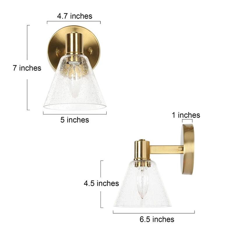 Veniya Glam Gold LED Bathroom Single Cone Wall Sconce Electroplate Brass 1-light with Clear Seeded Glass - L 5" x W 6.5" x H 7"