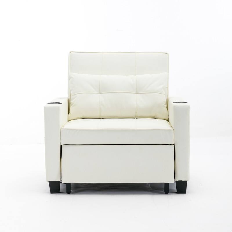 3-in-1 Convertible Sofa Chair,Pull Out Sleeper Chair with USB Ports and Cup Holders（Leather） - White
