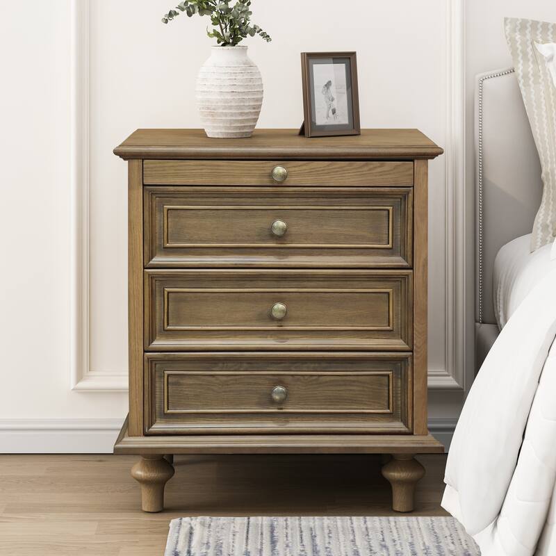 GDFStudio Vespertine Solid Wood 4-Drawer Nightstand with Pull-Out Tray - 1 Piece+Light Brown