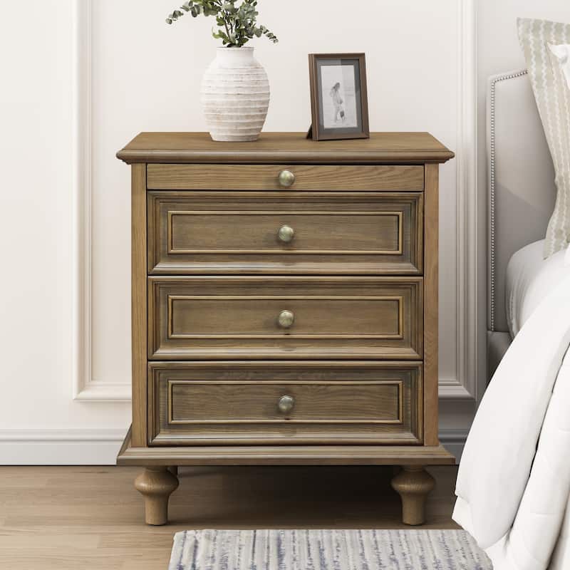 Nightstands with 4 Drawer,Wood Storage End Table with Hidden Pull-Out Shelf, with 4 Solid Wood Feet and Metal Handle - Light Brown